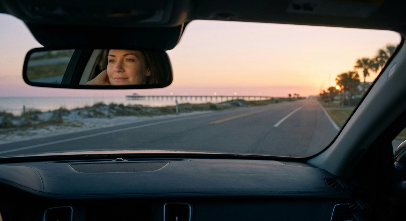 View from inside a car on a coastal road at sunset