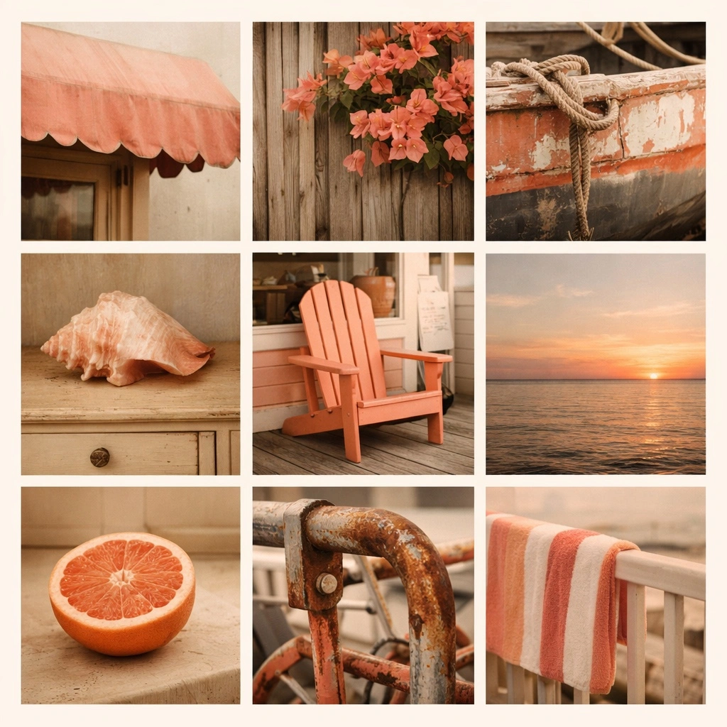 Sunset coral color hunt grid — awning, bougainvillea, boat hull, conch shell, Adirondack chair, Gulf sunset, grapefruit, rusted railing, striped beach towel