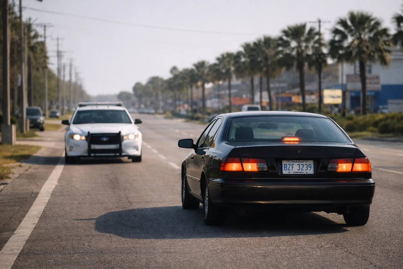 Law enforcement vehicle approaching a car on a Bay County road