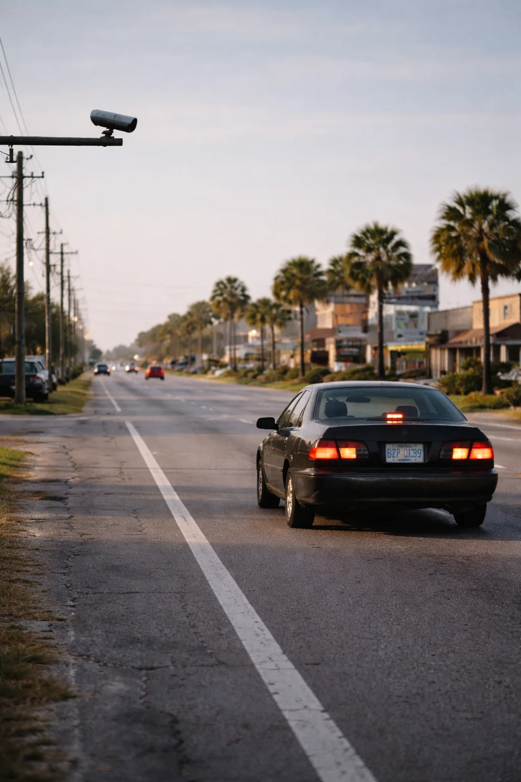 Vehicle driving past a Flock camera on a palm-lined road in Bay County