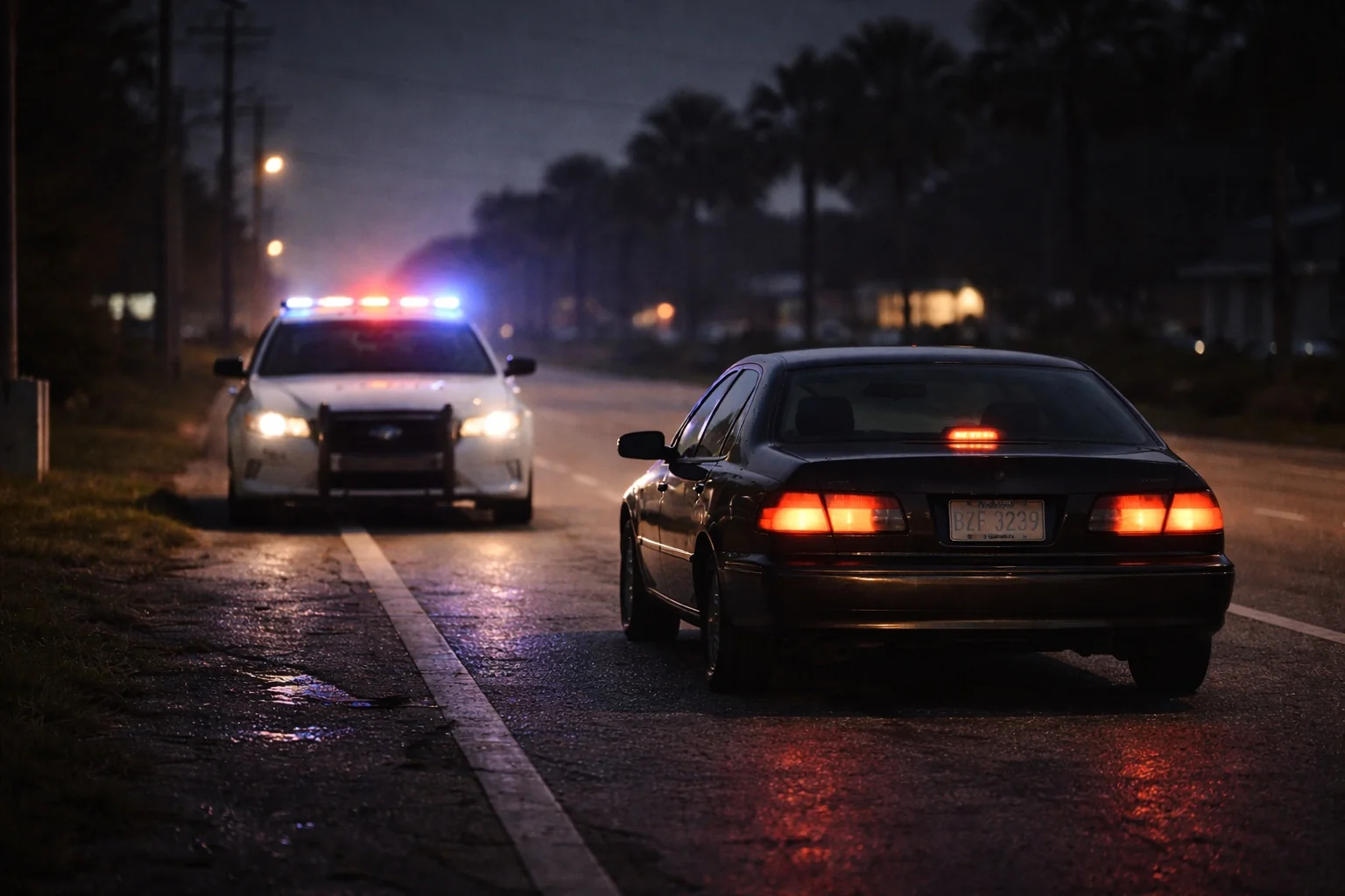Vehicle pulled over by law enforcement on a Bay County road at night