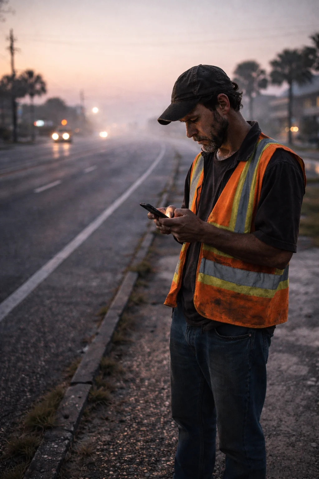 Worker standing on a roadside at dawn checking his phone for a ride