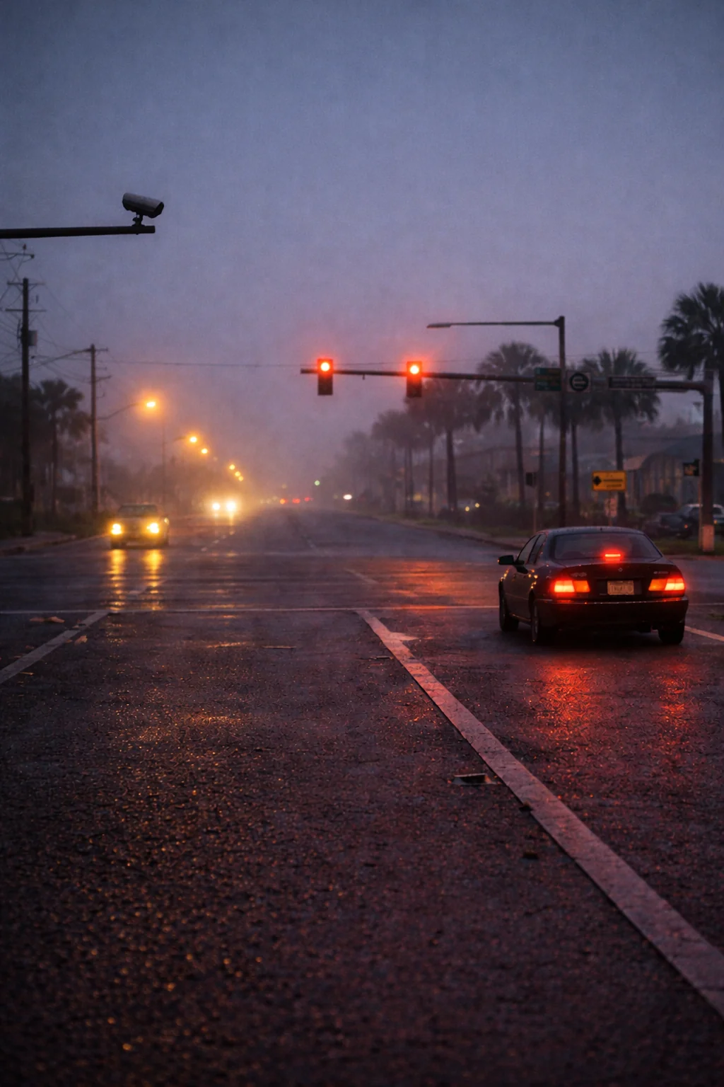 Vehicle approaching a Flock camera on a foggy Bay County road at dawn