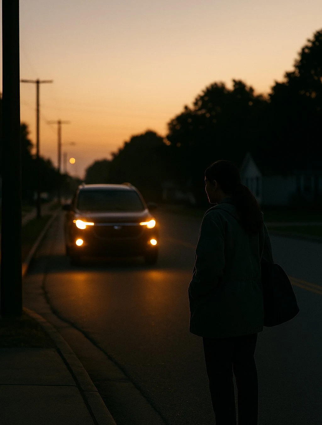 Person waiting for a ride at dawn on a residential street