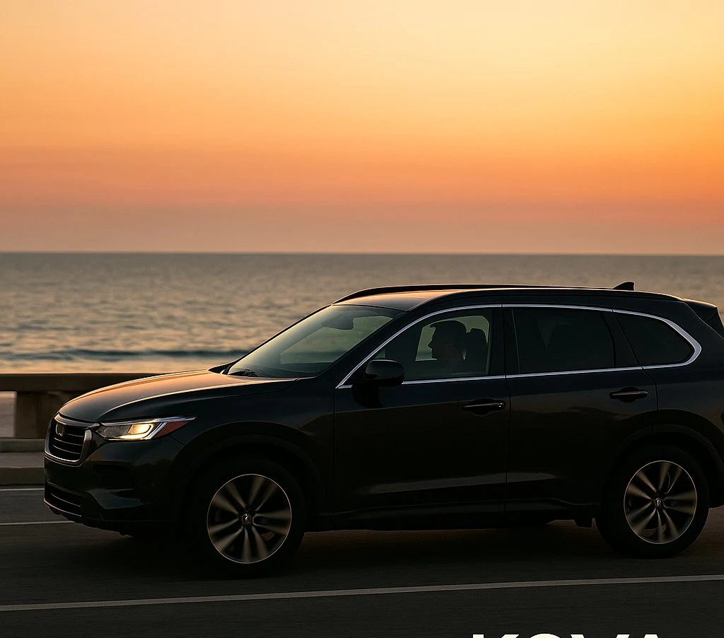 Kova Mobility SUV on a coastal road at sunset