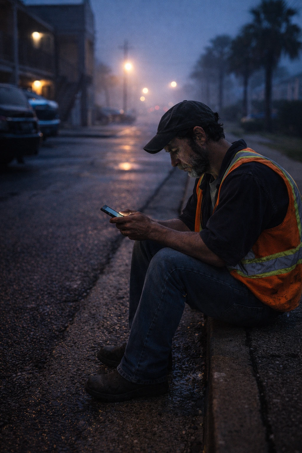 Worker in a safety vest sitting on a curb checking phone in foggy pre-dawn light