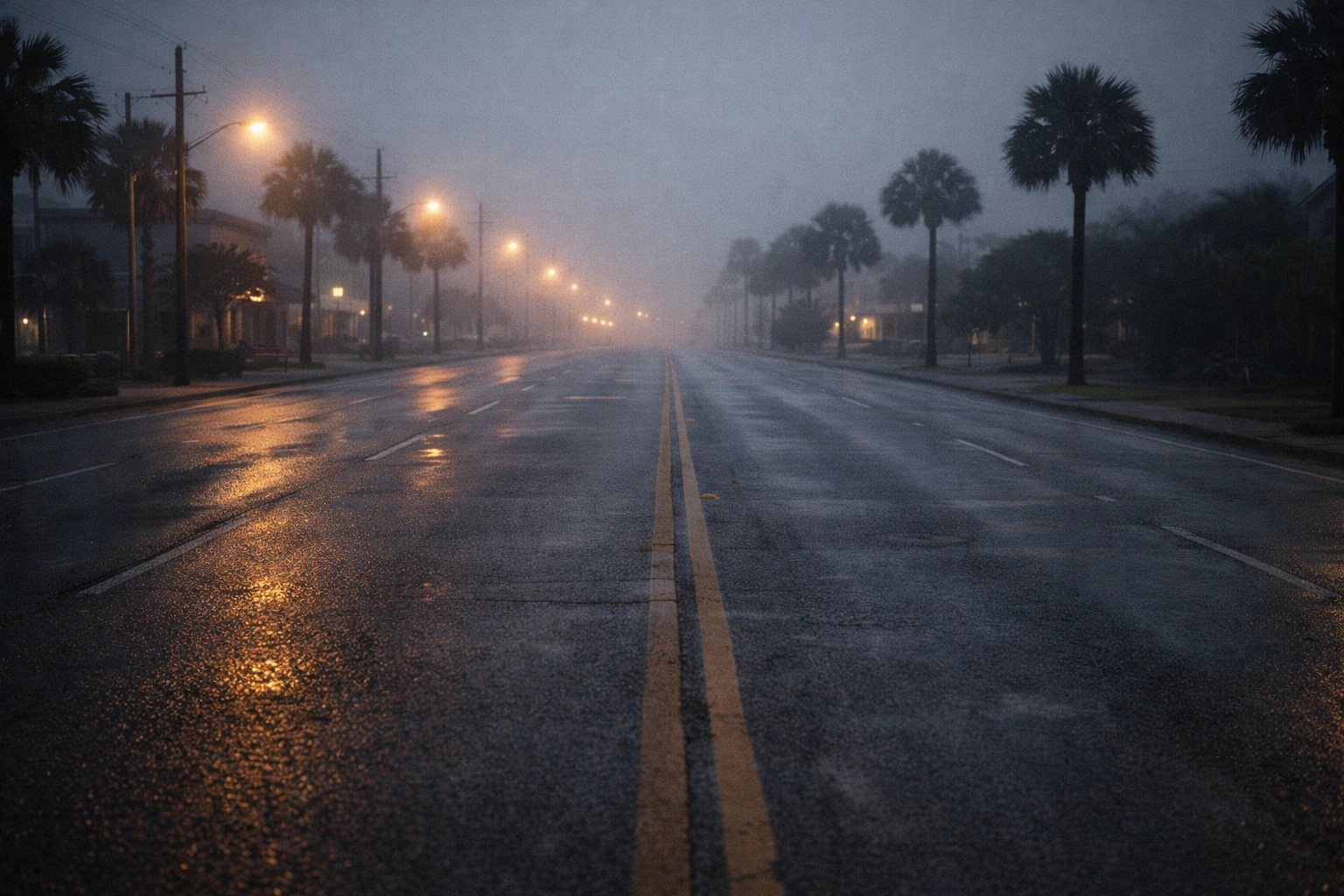 Empty fog-covered road in Panama City Beach at dawn