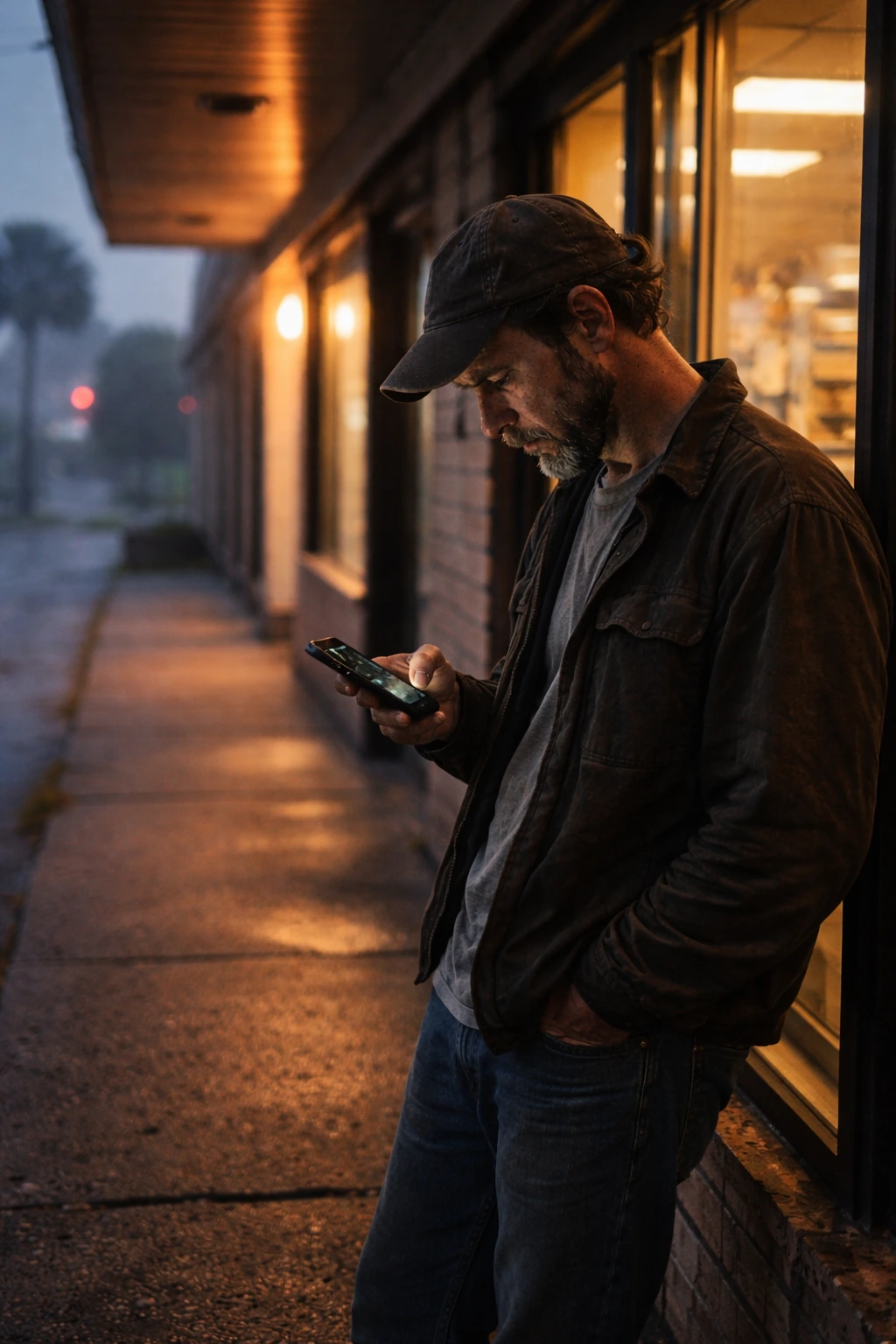Worker standing outside a storefront at dawn checking his phone for a ride that has not arrived