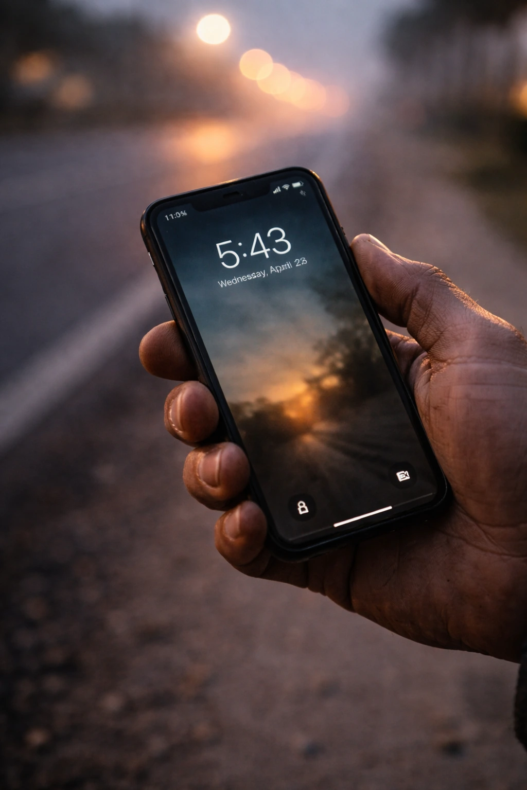 Phone screen showing 5:43 AM held by a worker on the side of a road at dawn