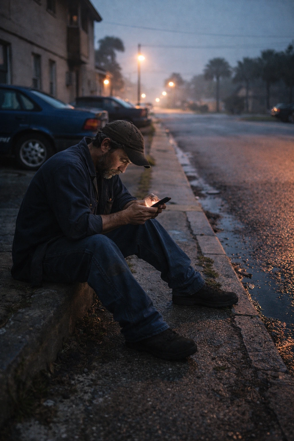 Worker sitting on a curb in the dark looking at phone, visibly stressed