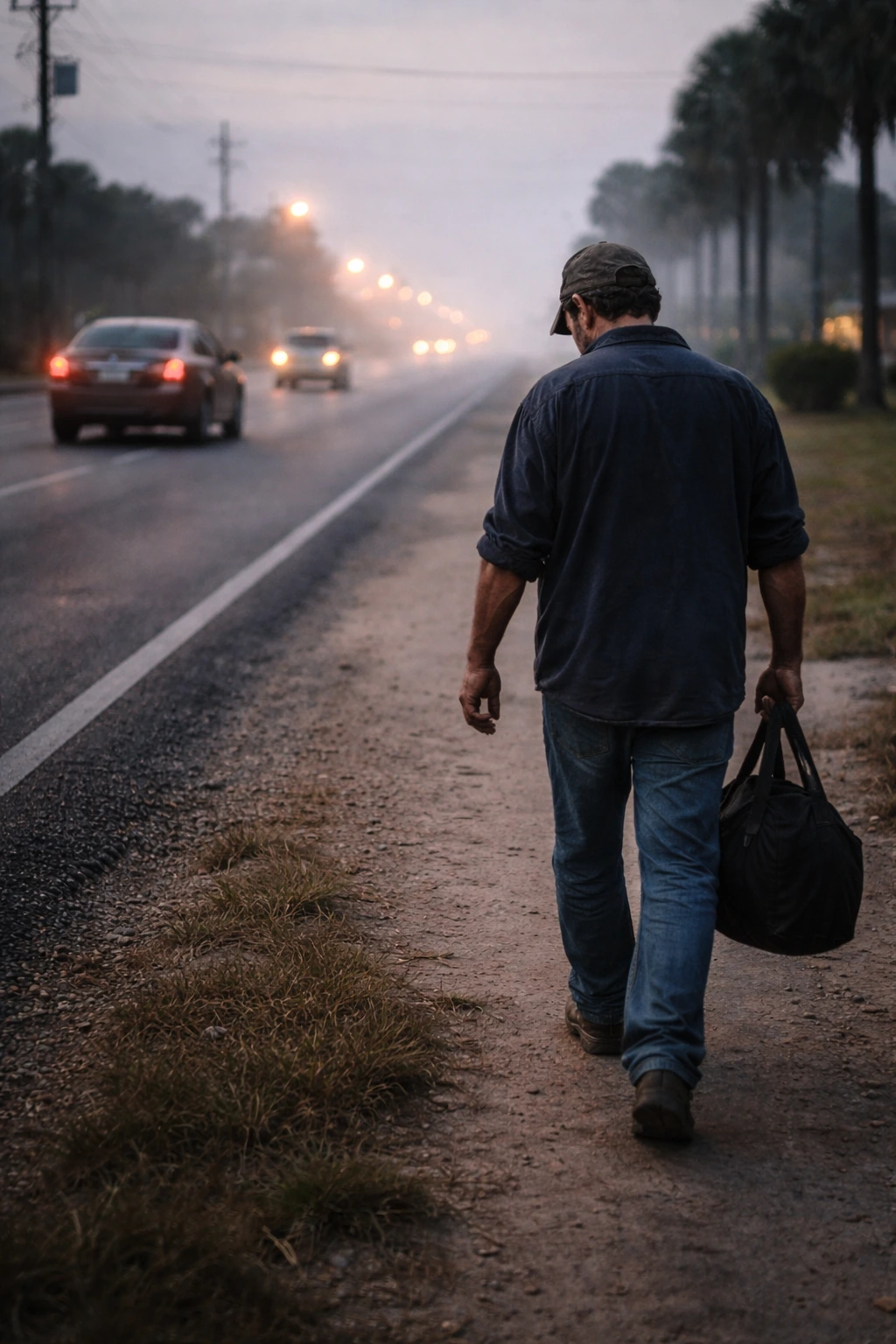 Worker walking along a foggy road carrying a bag, heading to work on foot