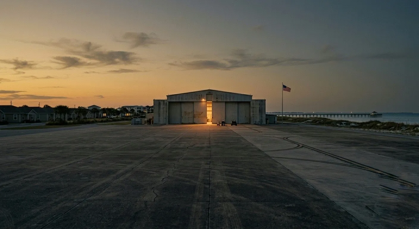 Flight line hangar with American flag at dawn on the Florida Panhandle
