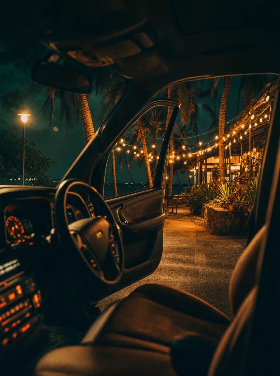 View from inside a car with the door open, looking out at a warmly lit palm-lined venue with string lights, waiting to welcome you in