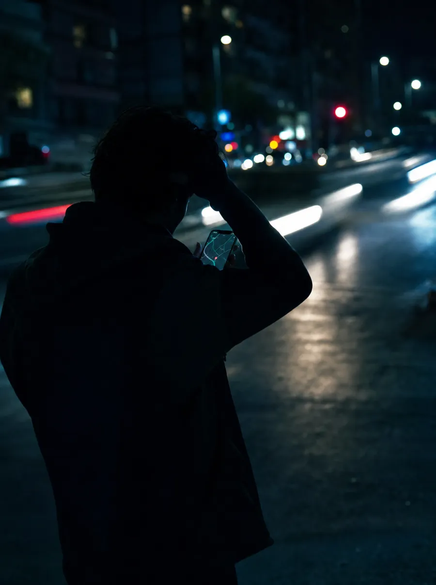 Silhouette of a person standing on a night street checking a rideshare map on their phone, frustrated and waiting
