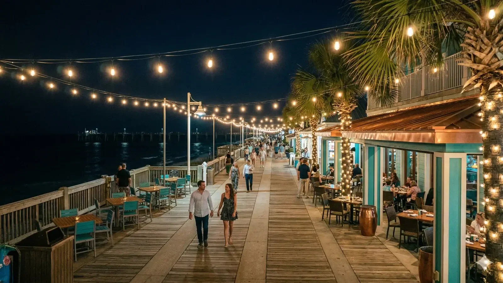 Panama City Beach boardwalk lit up at night