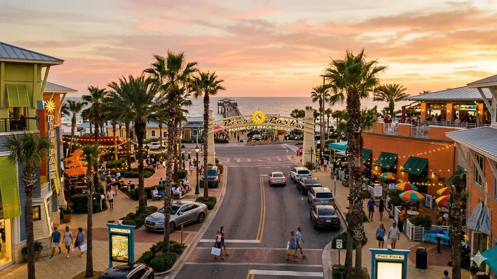 Pier Park area of Panama City Beach at sunset